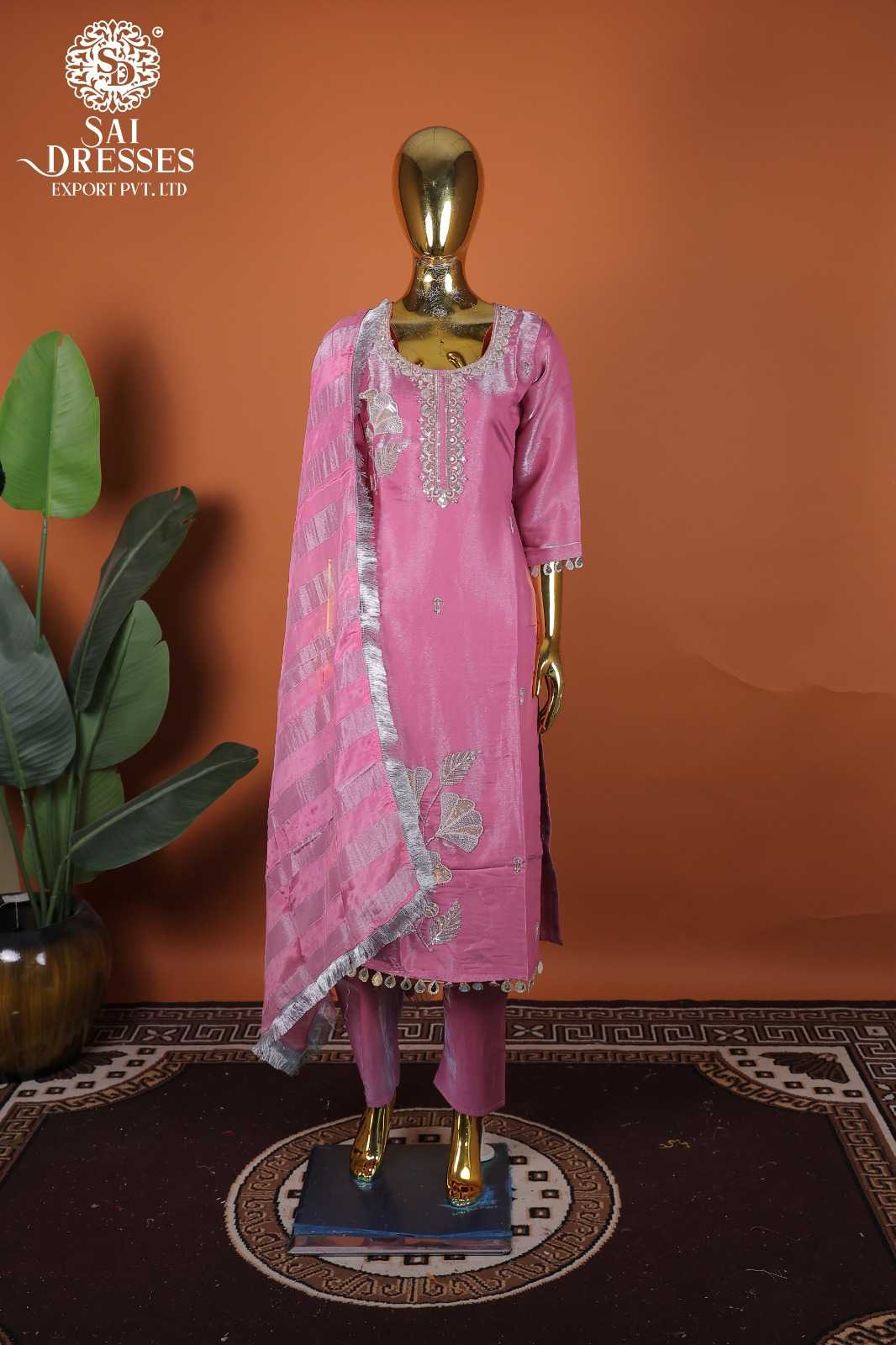 GLASS ROMAN HEAVY HANDWORK EMBROIDERED SALWAR SUIT SET IN ROSE PINK