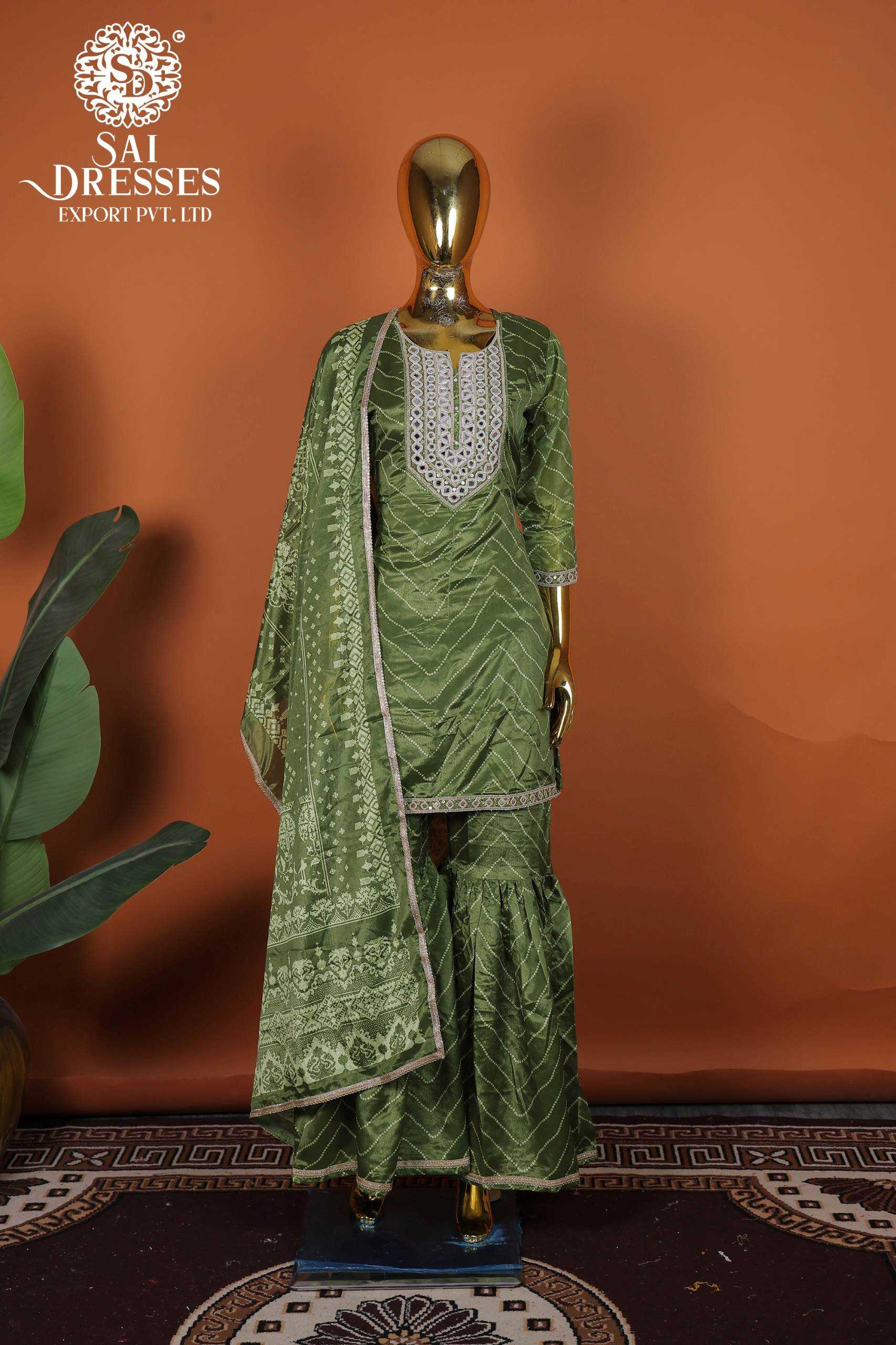 GREEN CHINON HAND WORK & SEQUENCE EMBROIDERED KURTI WITH SHARARA AND DUPATTA SET