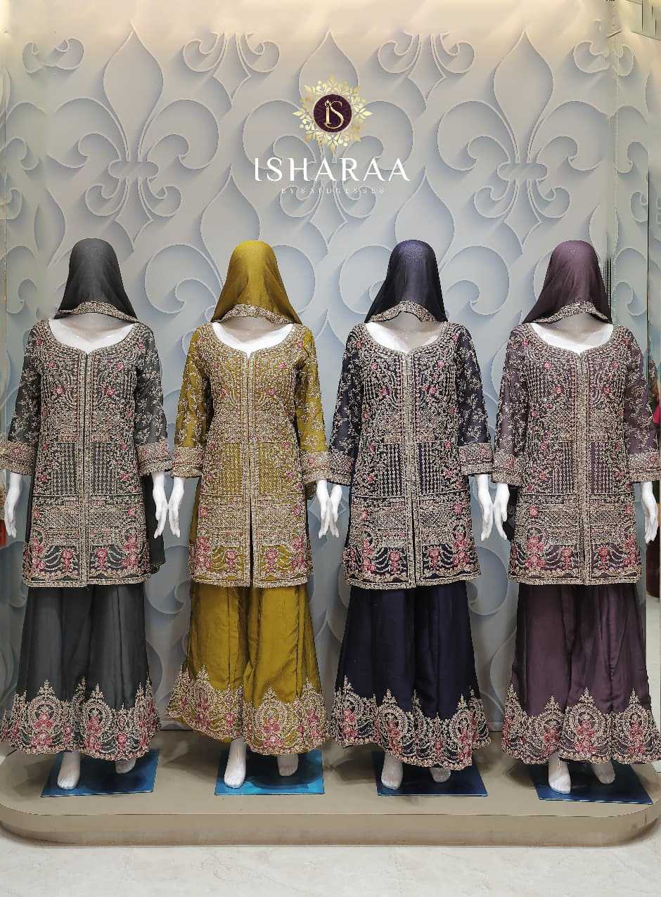 HEAVY DESIGN CHARCOAL BLACK, MUSTARD OLIVE, MIDNIGHT NAVY & WINE PLUM ALL-OVER EMBROIDERED STRAIGHT KURTI SET WITH SHARARA AND MATCHING DUPATTA