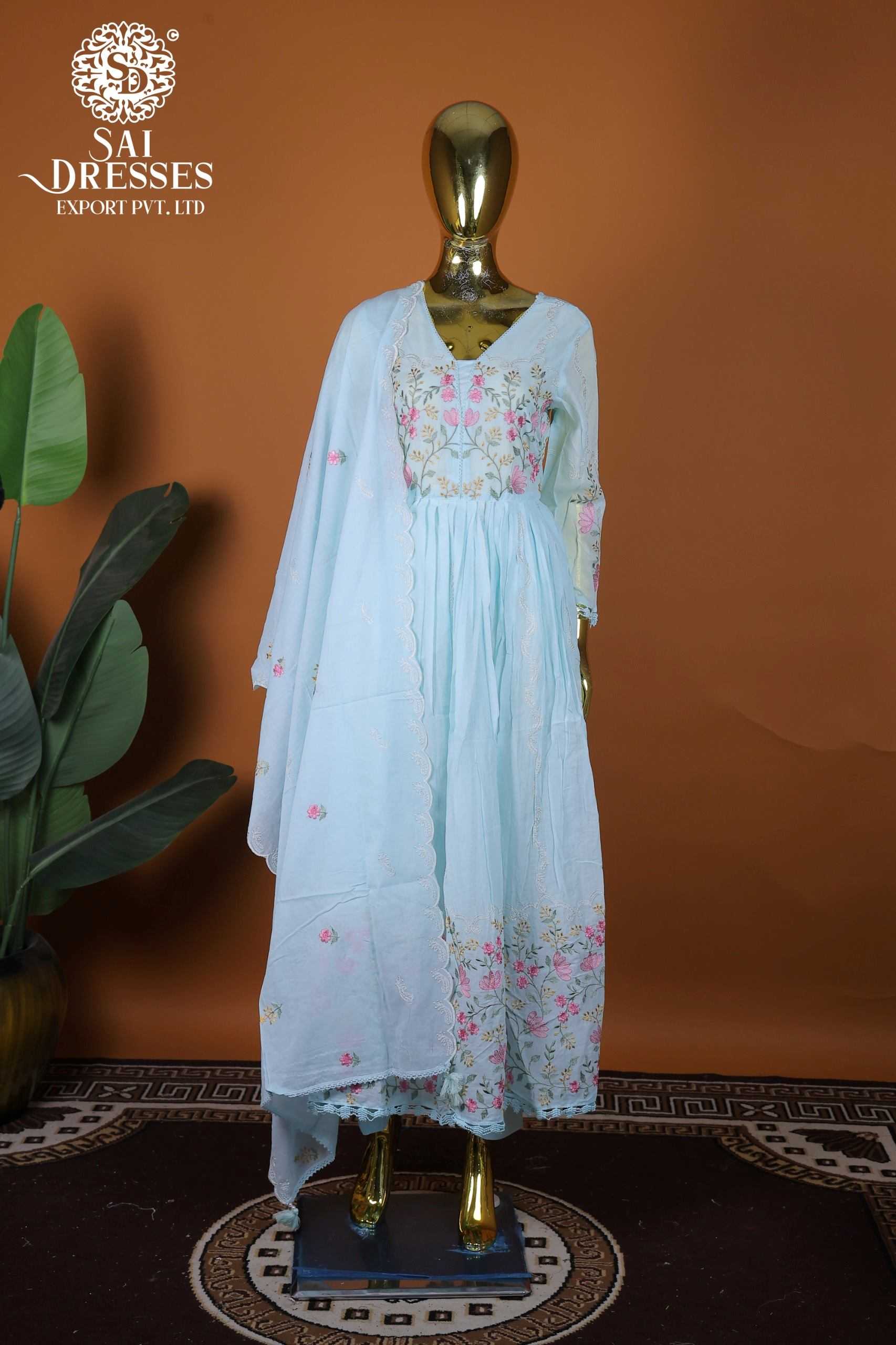 LIGHT BLUE MAL COTTON DESIGNER DRESS SET WITH PINK FLORAL EMBROIDERY