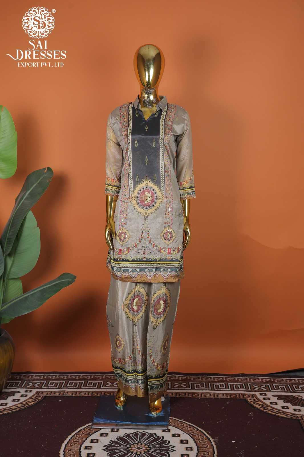 LUXURY PURE CHINON ASH GRE ETHNIC WEAR WITH HEAVY FRONT PANEL DESIGNER WOR