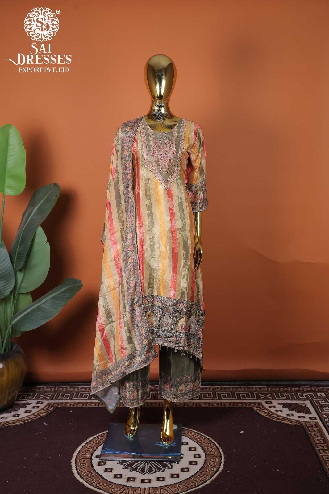 LUXURY PURE CHINON BEIGE MULTICOLOUR ETHNIC WEAR WITH DELICATE HAND WORK EMBELLISHMENTS