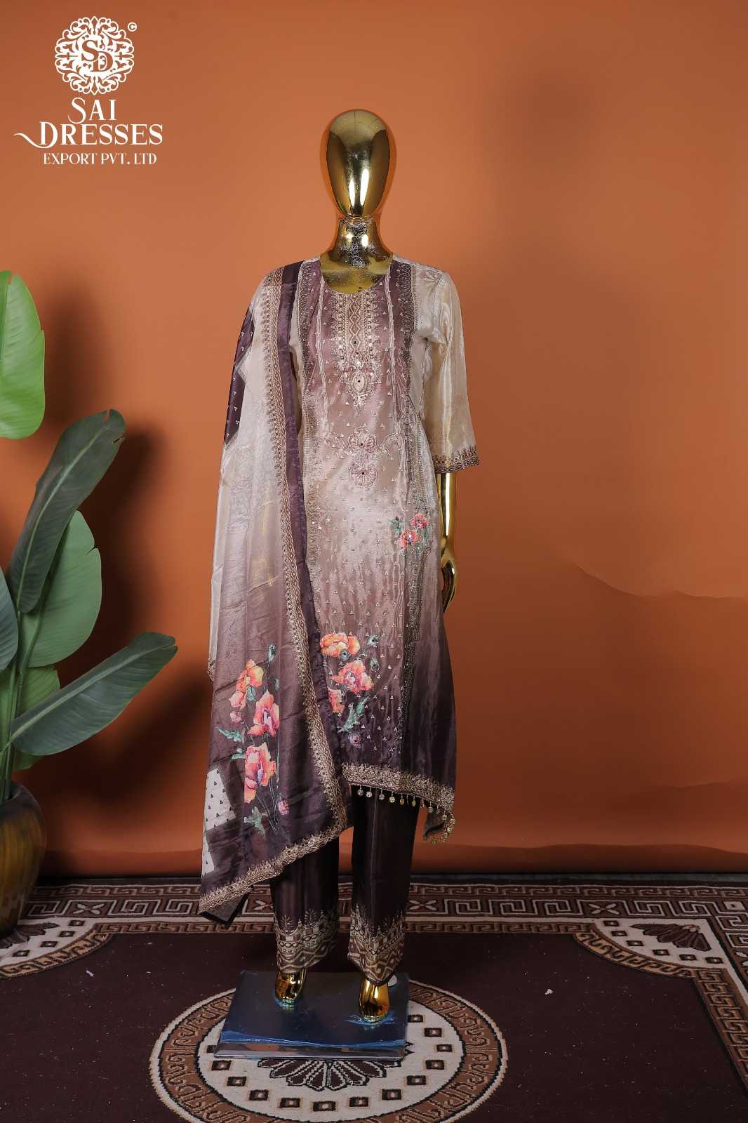 LUXURY PURE CHINON MAUVE BROWN ETHNIC WEAR WITH DELICATE HAND WORK AND FLORAL MOTIFS