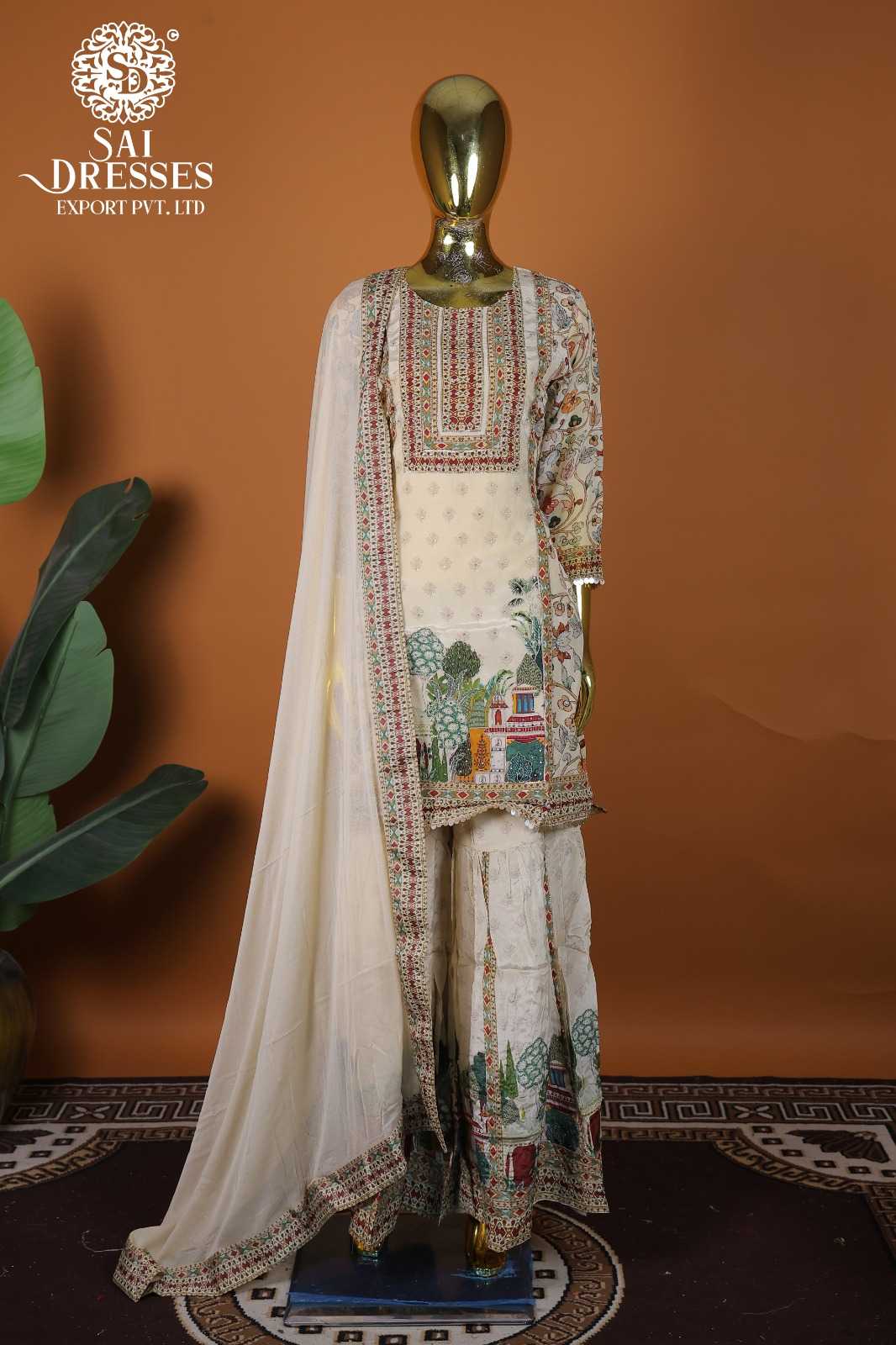 LUXURY PURE CREPE HEAVY WORK WITH DIGITAL PRINT READYMADE DRESS SET IN CREAM