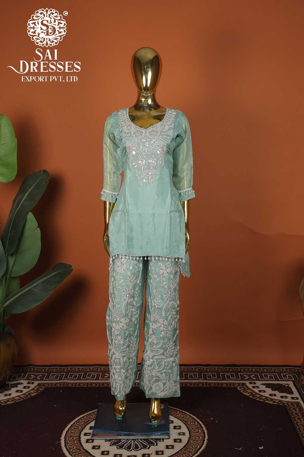LUXURY PURE VISCOSE ORGANZA SEA GREEN ETHNIC WEAR WITH HEAVY SEQUENCE AND HAND CRAFTED DETAILS