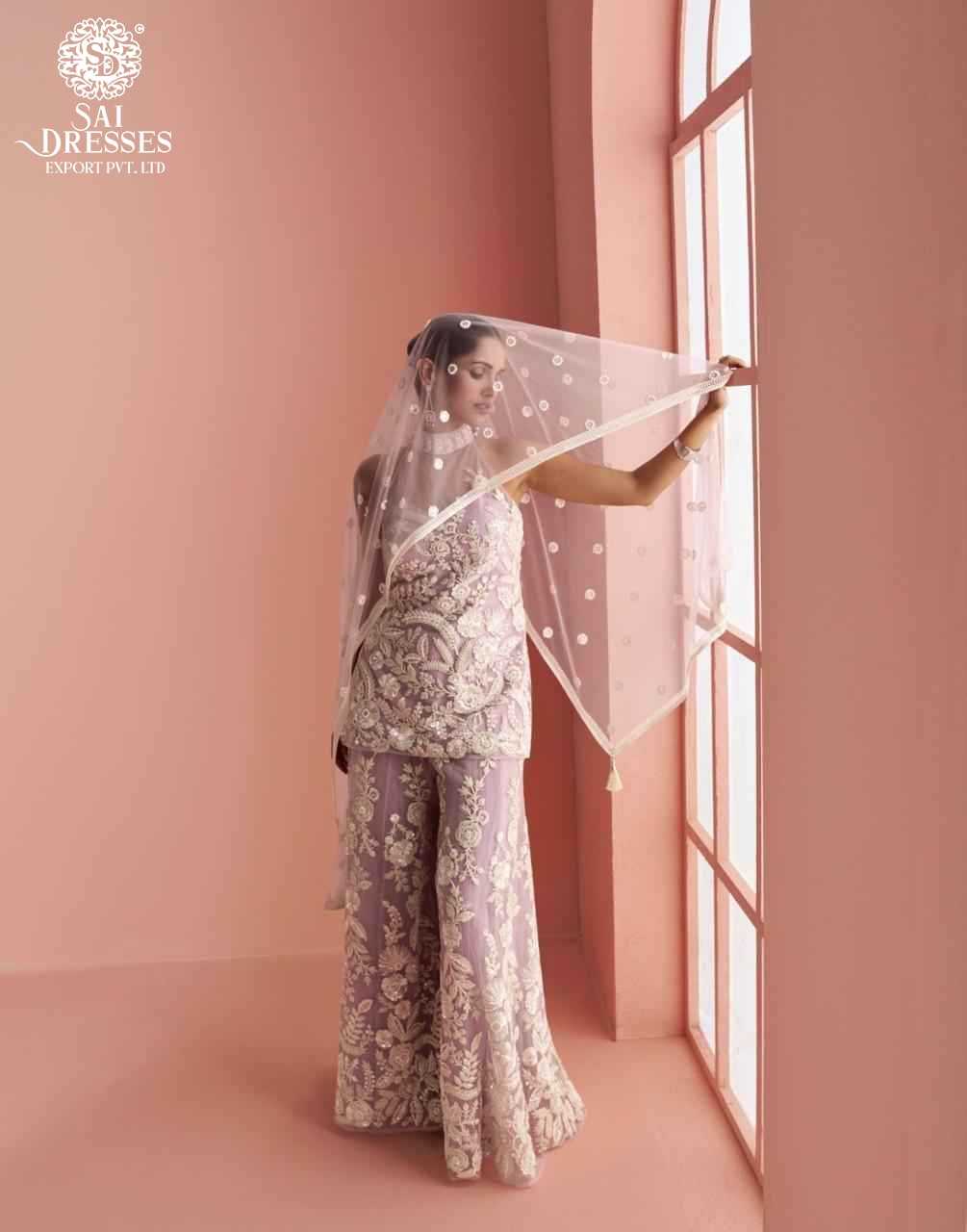 LUXURY REAL NET HALTER NECK LADIES SUIT WITH FRONT & BACK HEAVY EMBROIDERY AND BEADS WORK