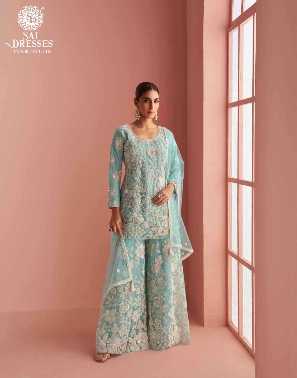 LUXURY REAL NET HALTER NECK LADIES SUIT WITH FRONT & BACK HEAVY EMBROIDERY AND BEADS WORK