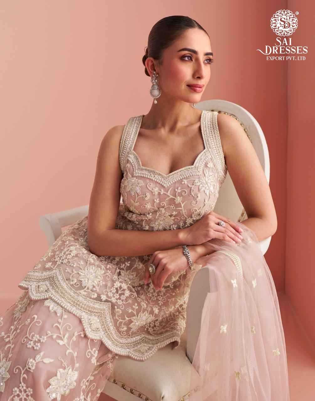 LUXURY REAL NET HALTER NECK LADIES SUIT WITH FRONT & BACK HEAVY EMBROIDERY AND BEADS WORK