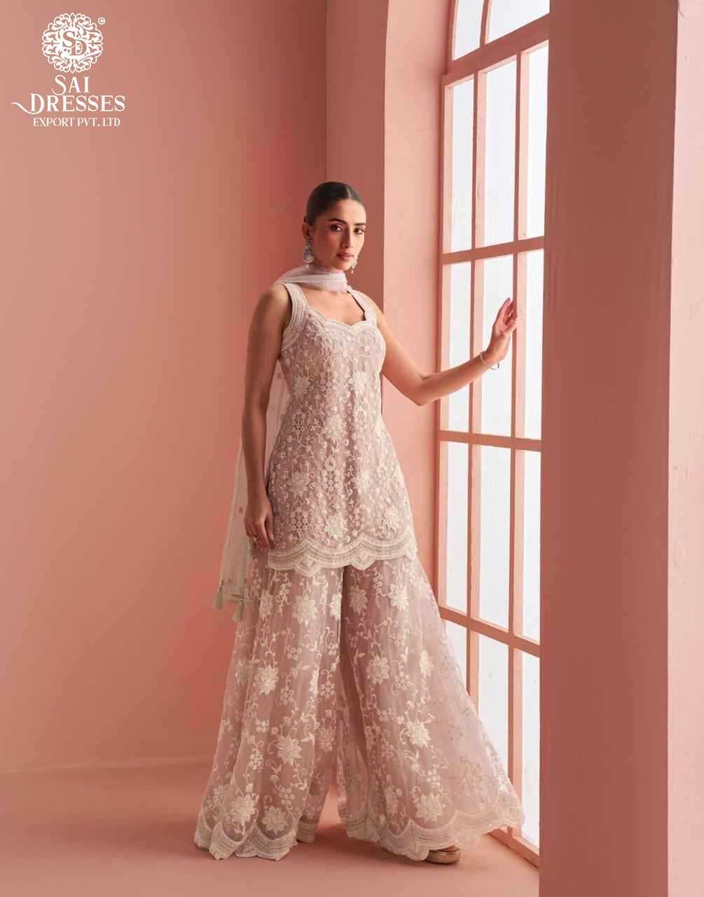 LUXURY REAL NET HALTER NECK LADIES SUIT WITH FRONT & BACK HEAVY EMBROIDERY AND BEADS WORK