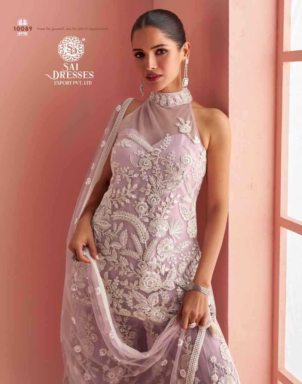 LUXURY REAL NET HALTER NECK LADIES SUIT WITH FRONT & BACK HEAVY EMBROIDERY AND BEADS WORK