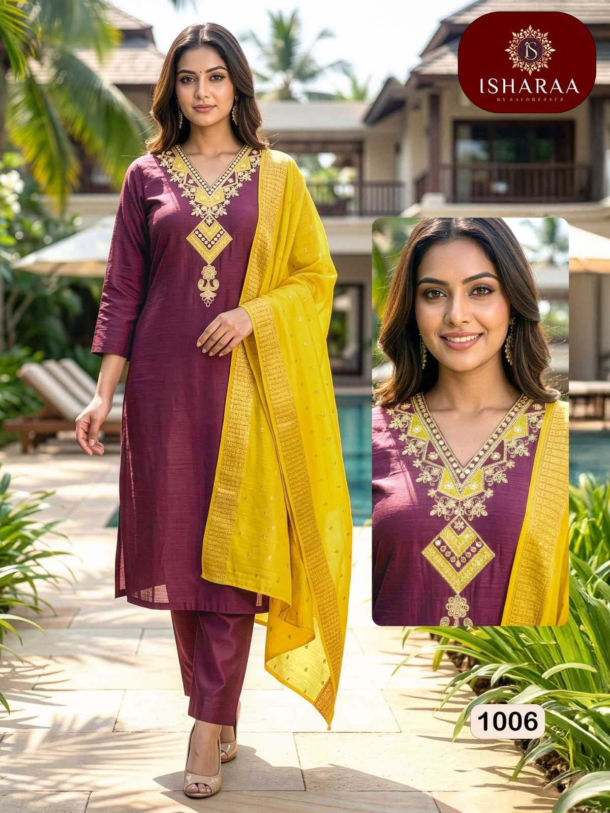 LUXURY VARTICAN SILK EMBROIDERED SUIT WITH ELEGANT SEQUENCE WORK – WINE KURTI WITH BRIGHT YELLOW DUPATTA