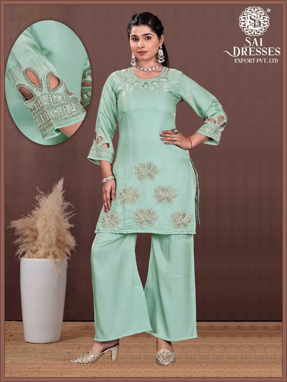 MINT GREEN GLASS ROMAN FABRIC SUIT WITH HEAVY HANDWORK & ELEGANT CUTWORK FINISH – DESIGNER OCCASION WEAR