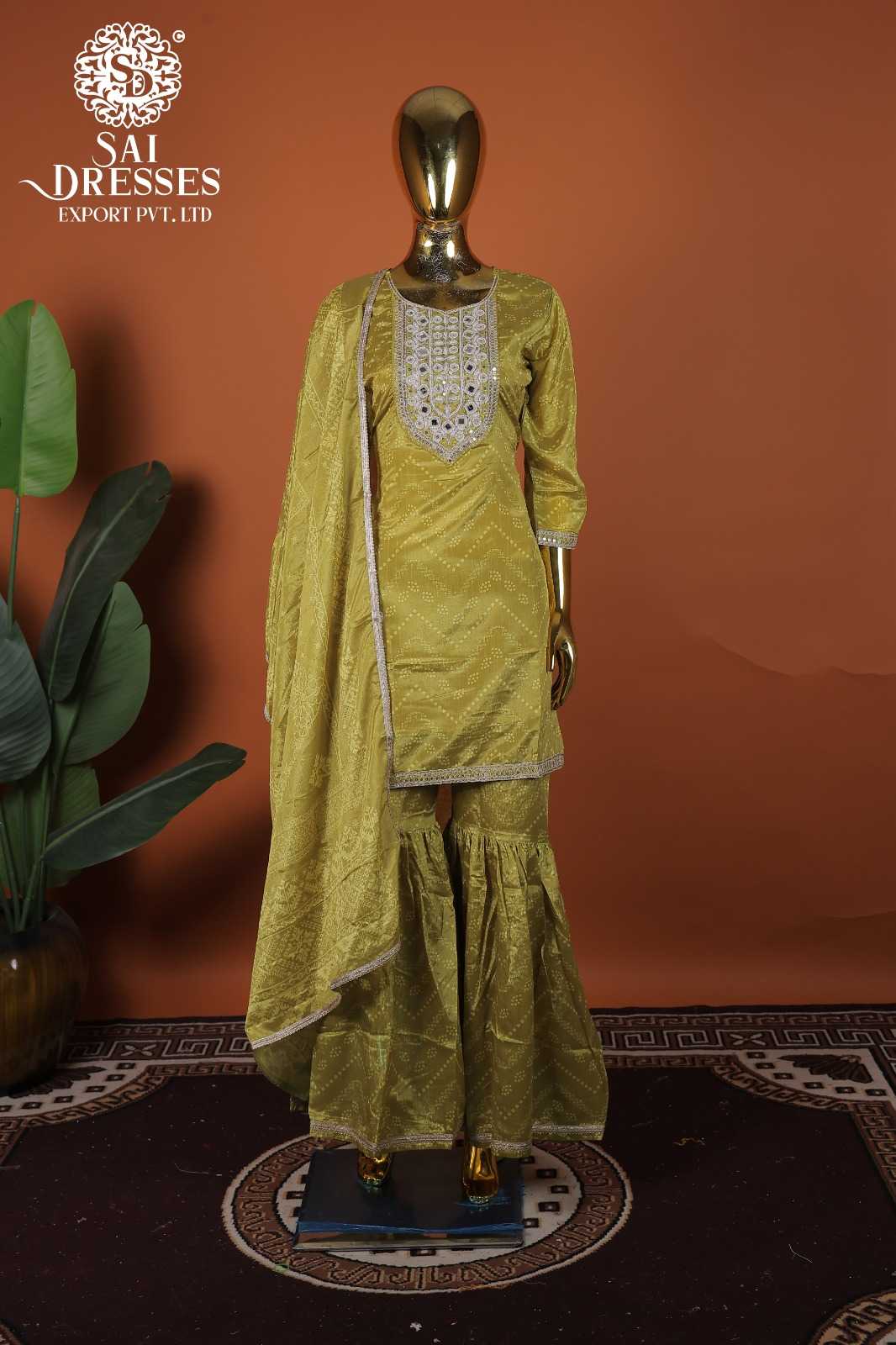 MUSTARD CHINON HAND WORK & SEQUENCE EMBROIDERED KURTI WITH SHARARA AND DUPATTA SET