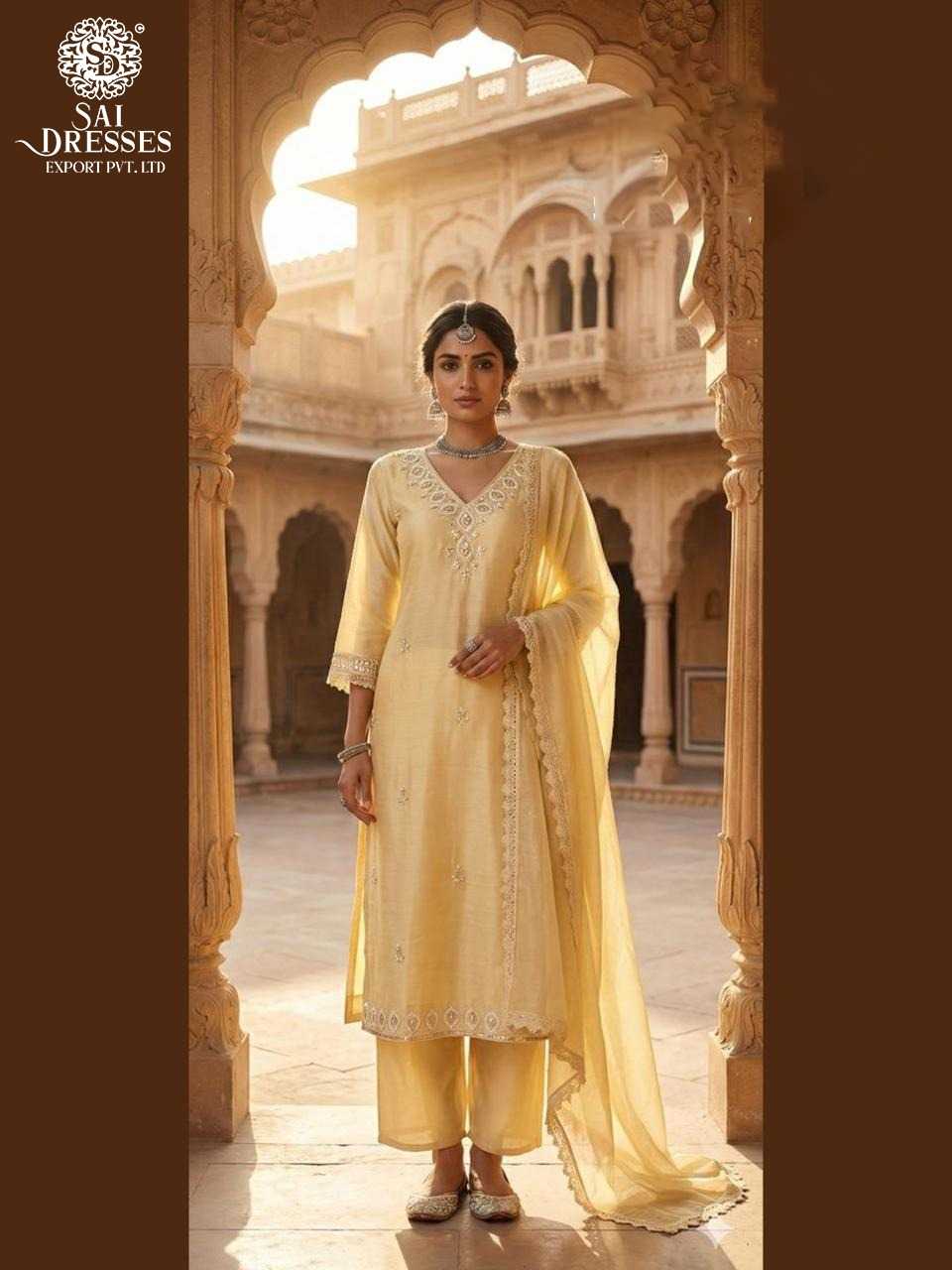 PASTEL YELLOW CRUNCHY FABRIC HAND EMBROIDERED LADIES SUIT SET WITH ELEGANT DUPATTA