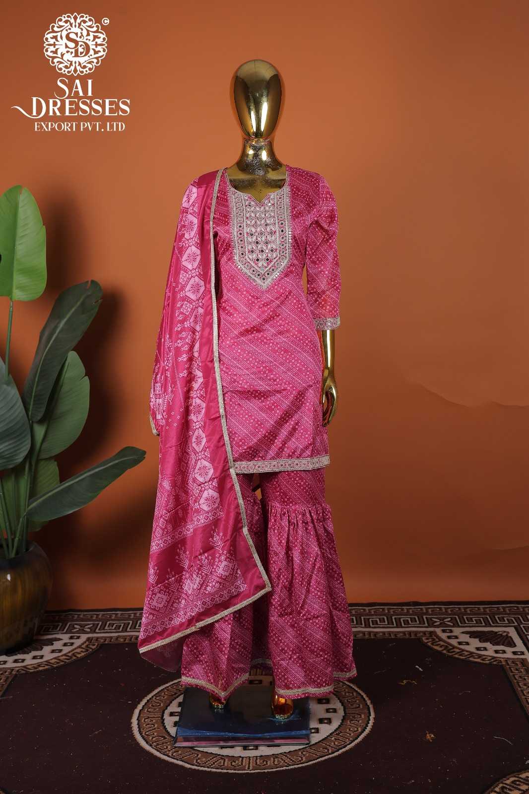 PINK CHINON HAND WORK & SEQUENCE EMBROIDERED KURTI WITH SHARARA AND DUPATTA SET