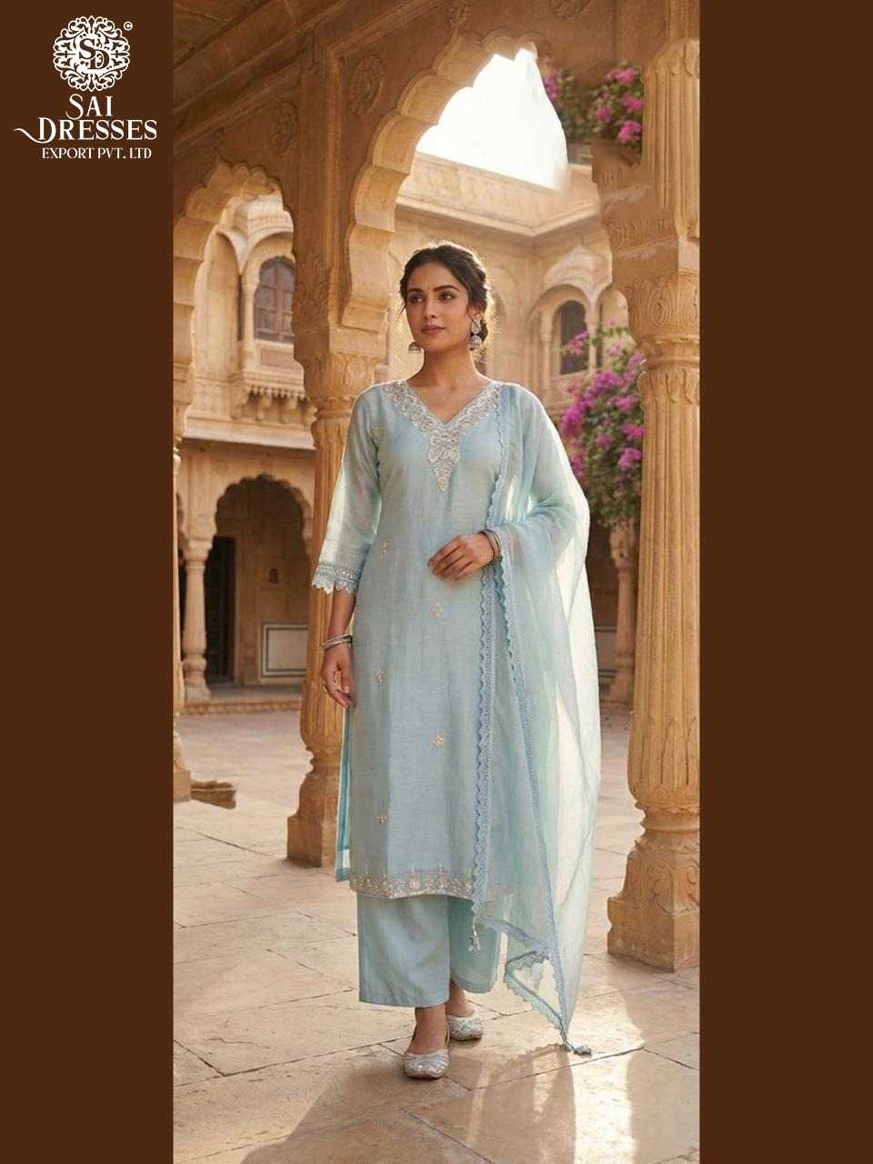 POWDER BLUE CRUNCHY FABRIC HAND EMBROIDERED LADIES SUIT SET WITH ELEGANT DUPATTA