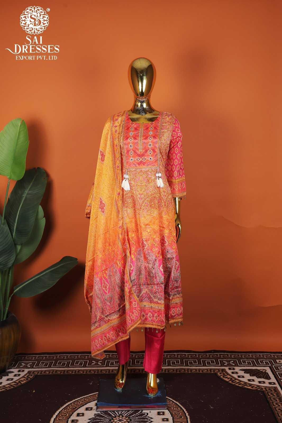 PREMIUM CHINON FABRIC HAND WORK PRINTED KURTI WITH MATCHING PANTS & DUPATTA – ORANGE BASE WITH RANI PINK TRADITIONAL DESIGN