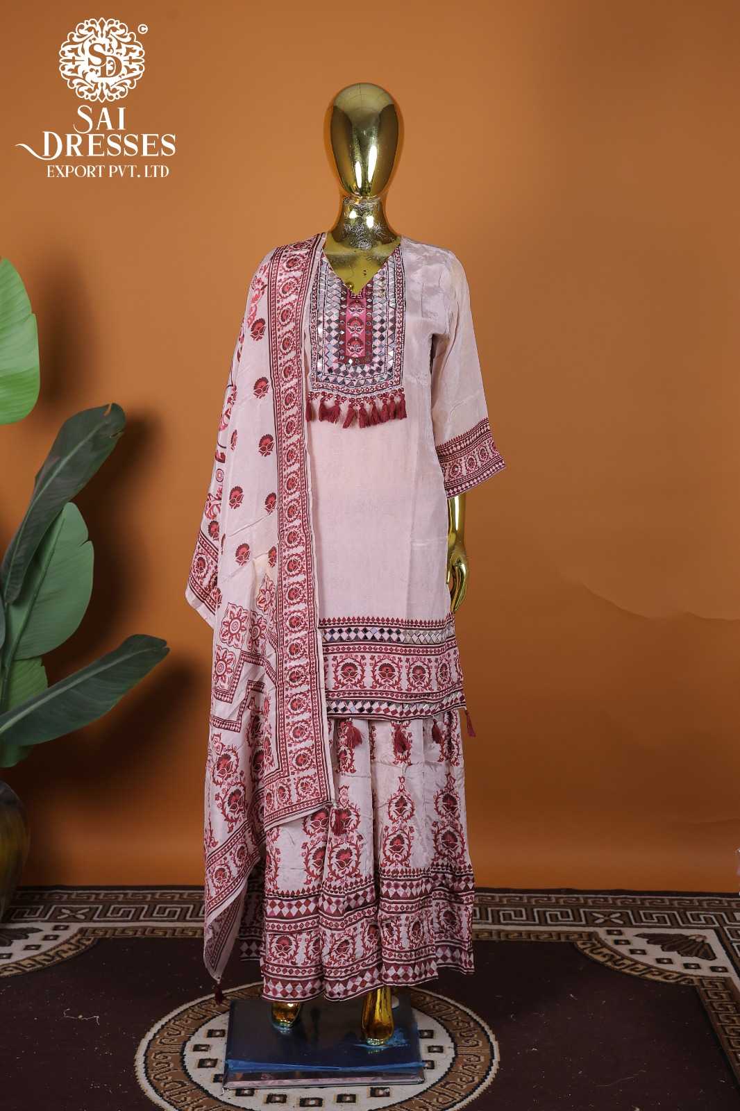 PREMIUM DESIGNER NATURAL CREPE HEAVY MIRROR  WORK FESTIVE WEAR SET IN PINK