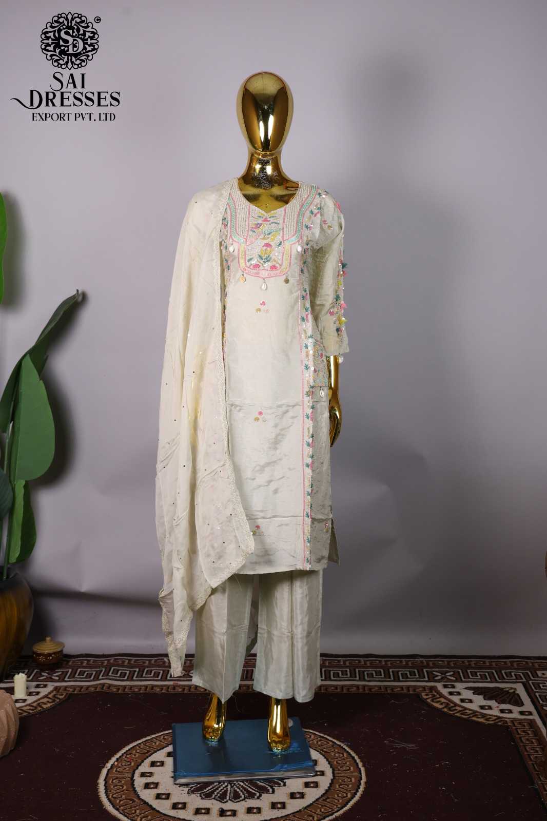 PREMIUM DOLLA SILK IVORY KURTI SET WITH HEAVY MULTICOLOR HANDWORK EMBROIDERY AND MATCHING DUPATTA