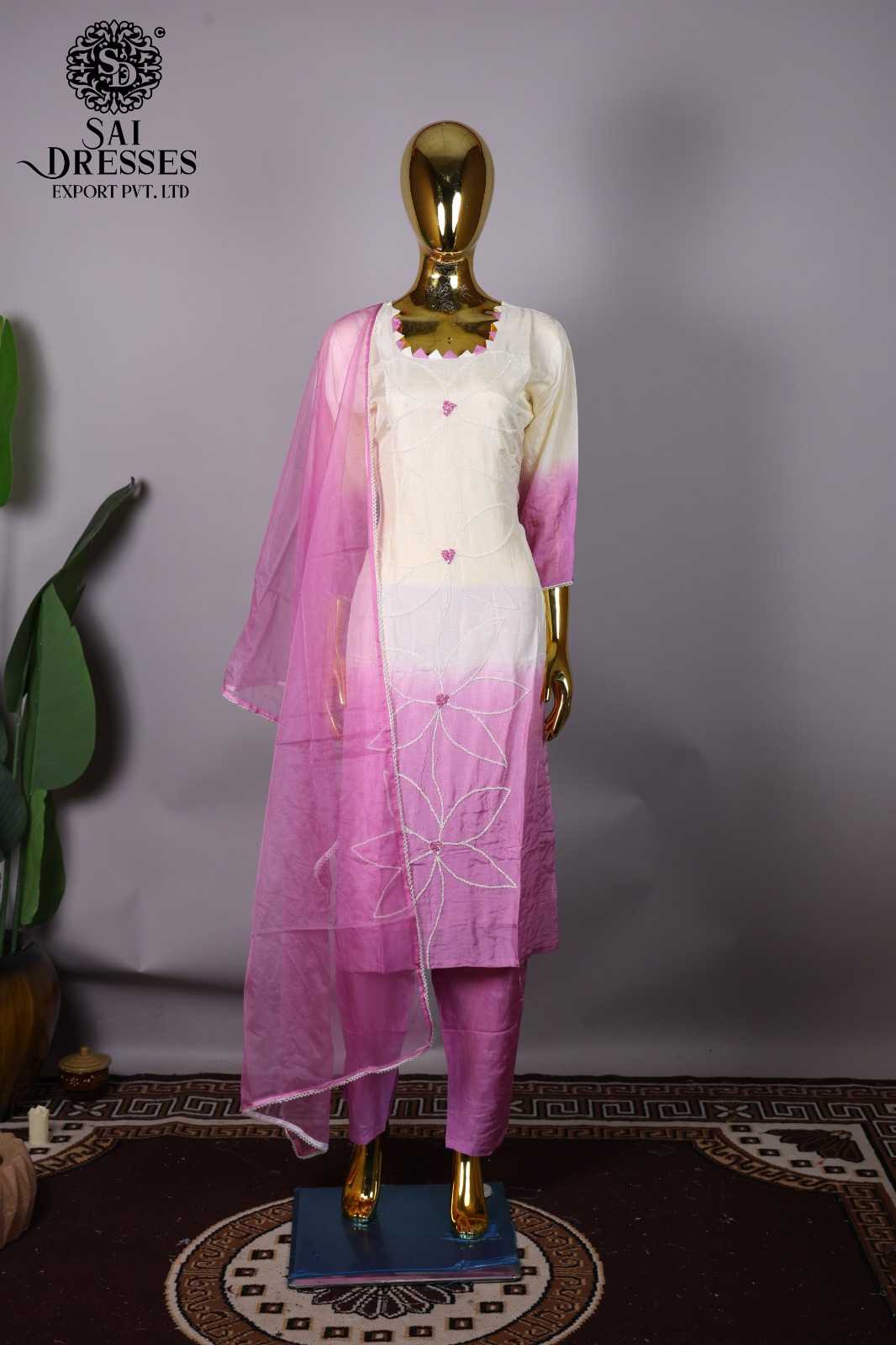PREMIUM DOLLA SILK PINK OMBRE KURTI SET WITH HEAVY HANDWORK EMBROIDERY AND MATCHING DUPATTA