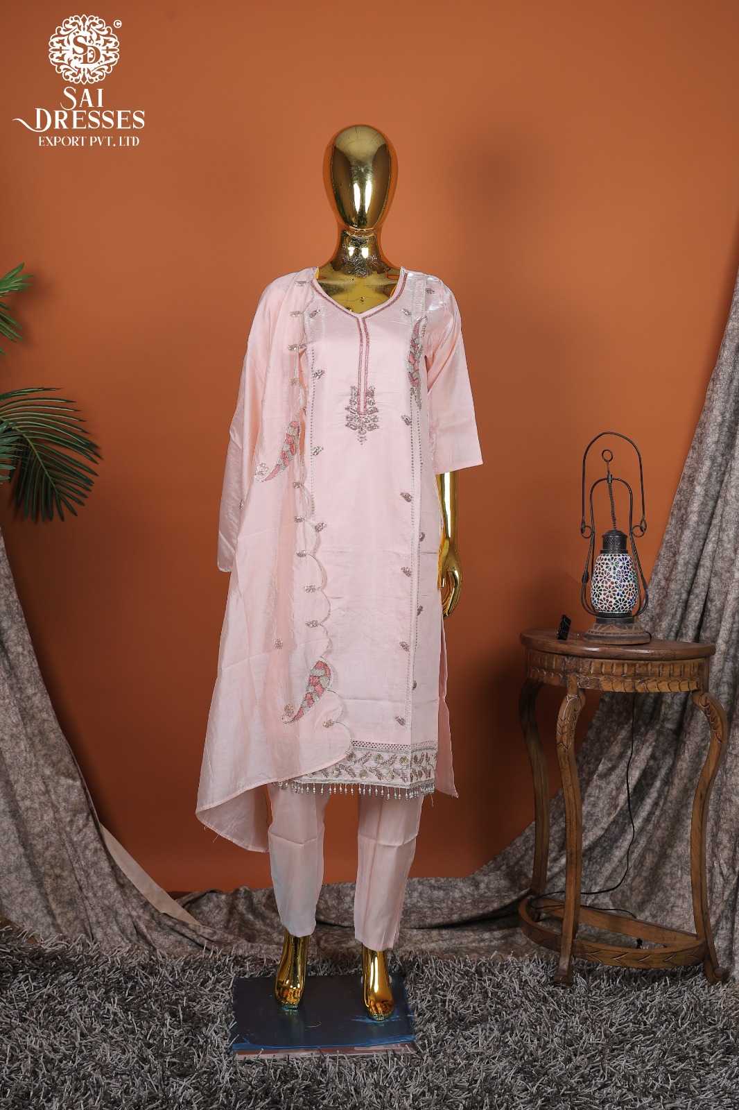 PREMIUM GLASS ROMAN BLUSH PINK KURTI SET WITH HEAVY HAND WORK EMBROIDERY AND ELEGANT MATCHING DUPATTA
