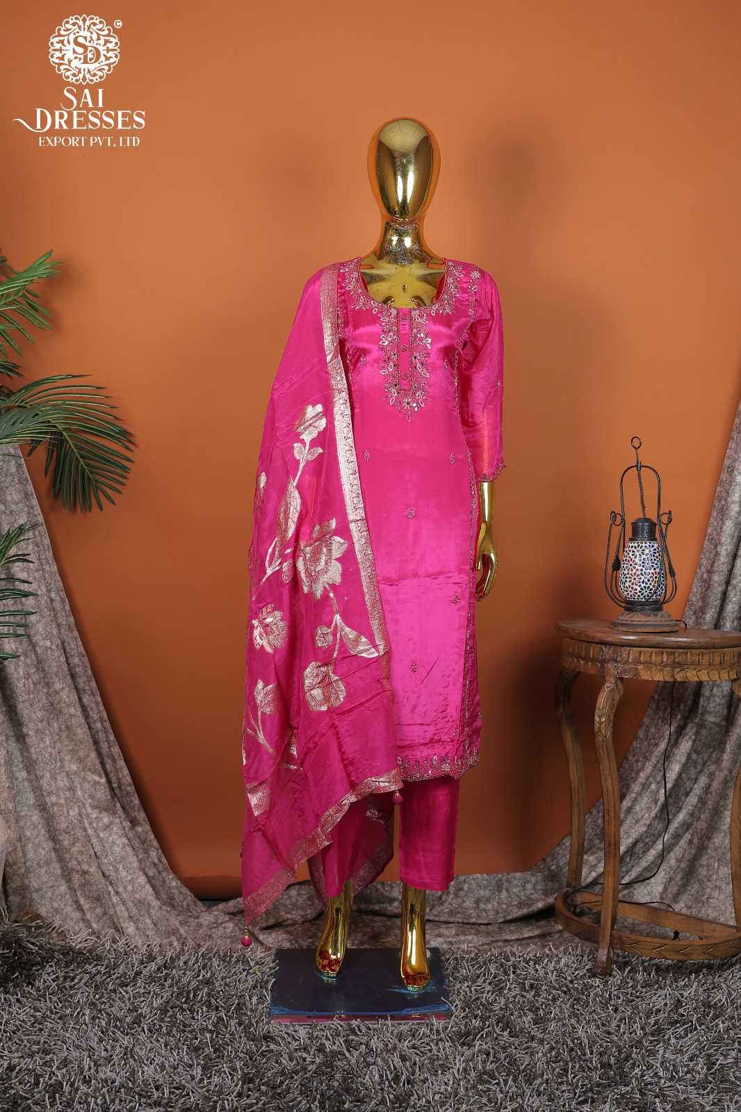 PREMIUM NATURAL CREPE HOT PINK KURTI SET WITH HEAVY HANDWORK EMBROIDERY AND ELEGANT DIGITAL PRINT DUPATTA