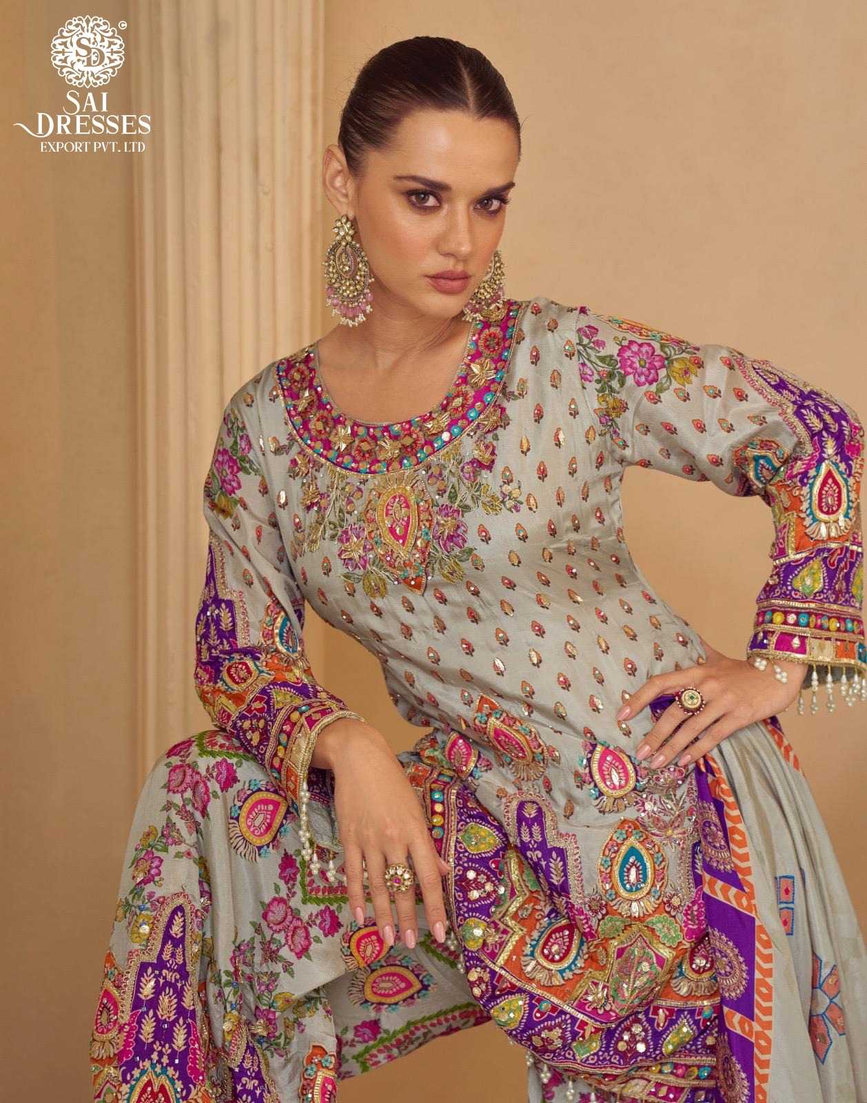 PREMIUM NATURAL CREPE SILK HEAVY HANDWORK EMBROIDERED SALWAR SUIT SET IN BEIGE WITH MULTI-COLOUR DETAILS