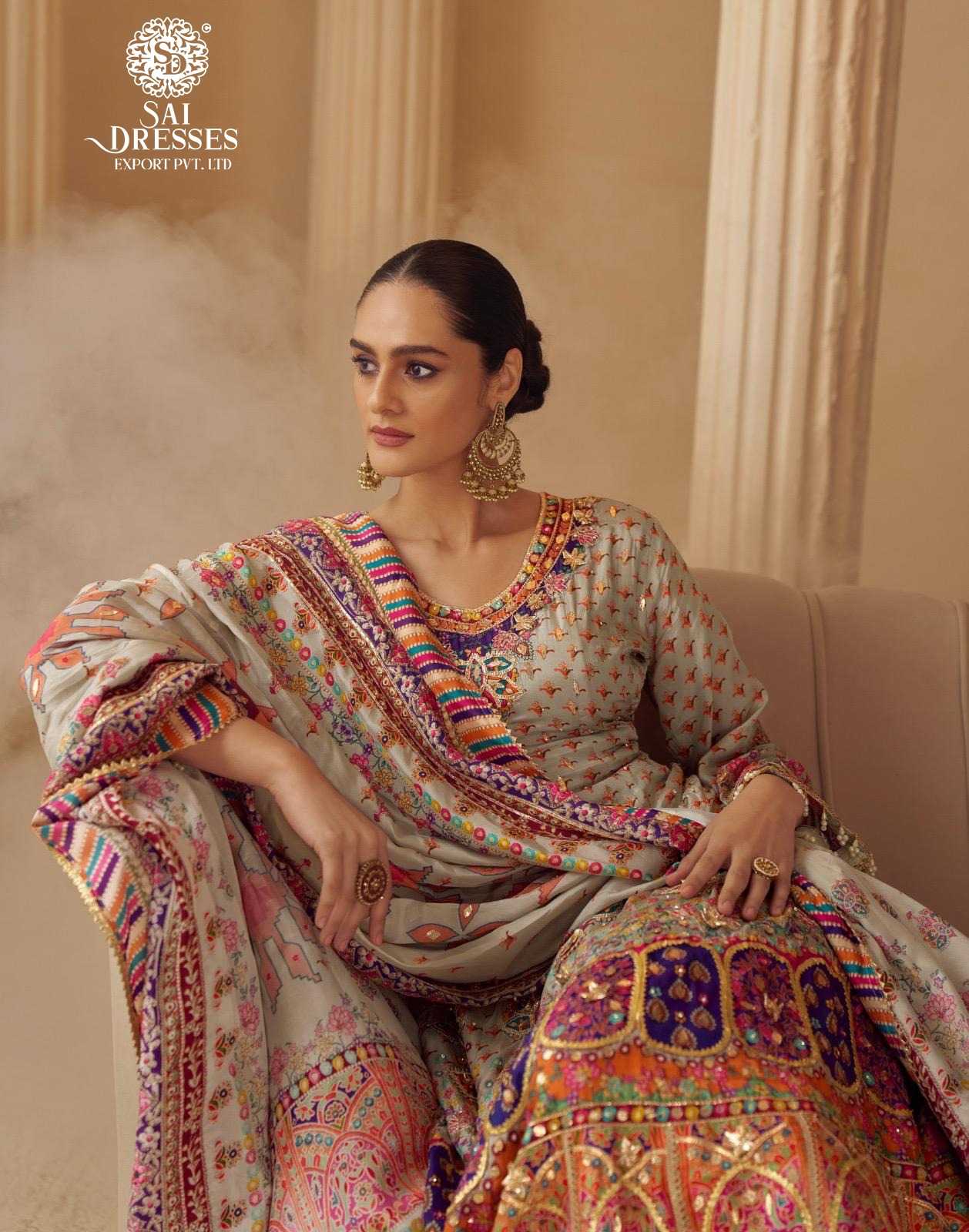 PREMIUM NATURAL CREPE SILK HEAVY HANDWORK EMBROIDERED SALWAR SUIT SET IN BEIGE WITH MULTI-COLOUR DETAILS