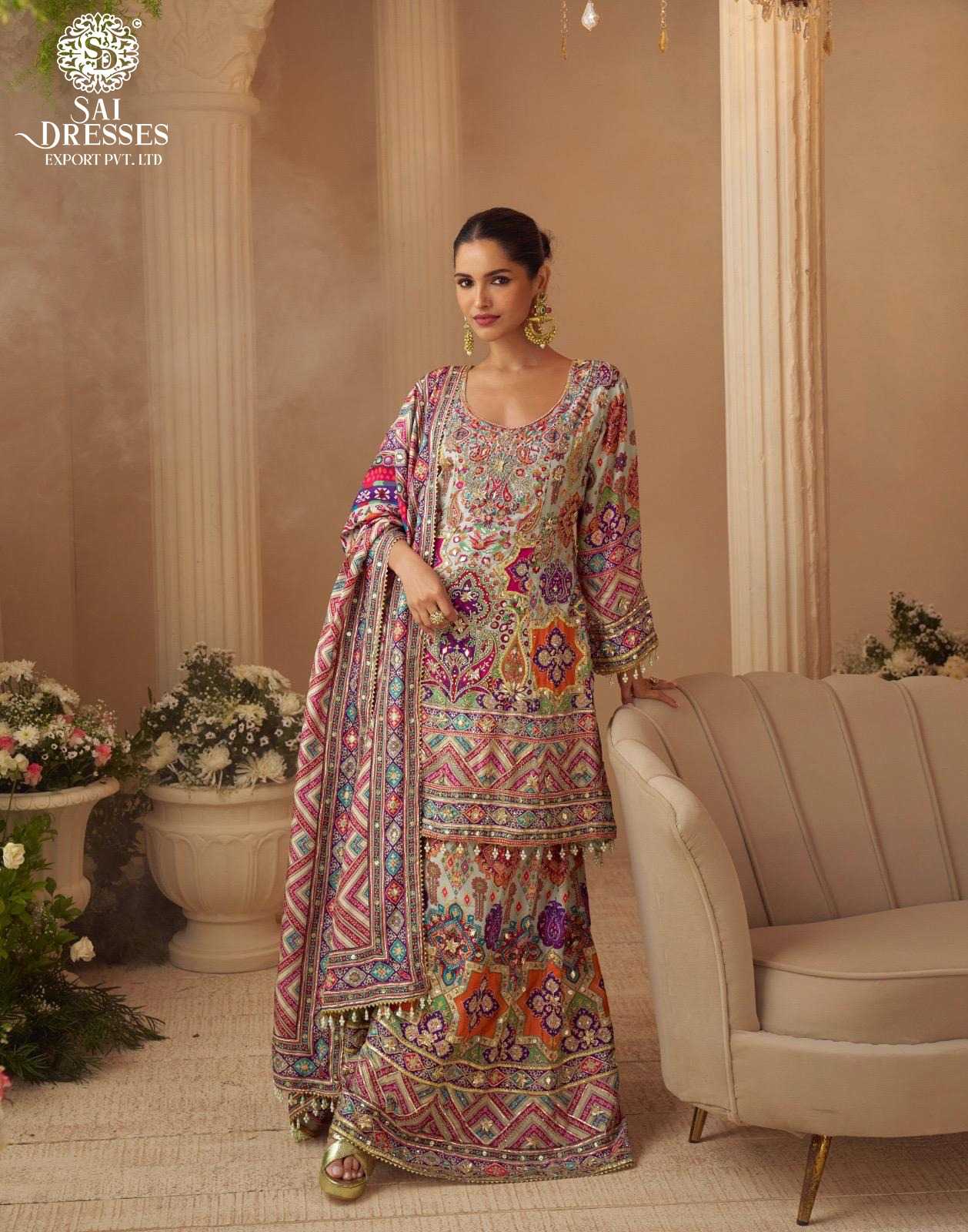 PREMIUM NATURAL CREPE SILK HEAVY HANDWORK EMBROIDERED SALWAR SUIT SET IN BEIGE WITH MULTI-COLOUR DETAILS