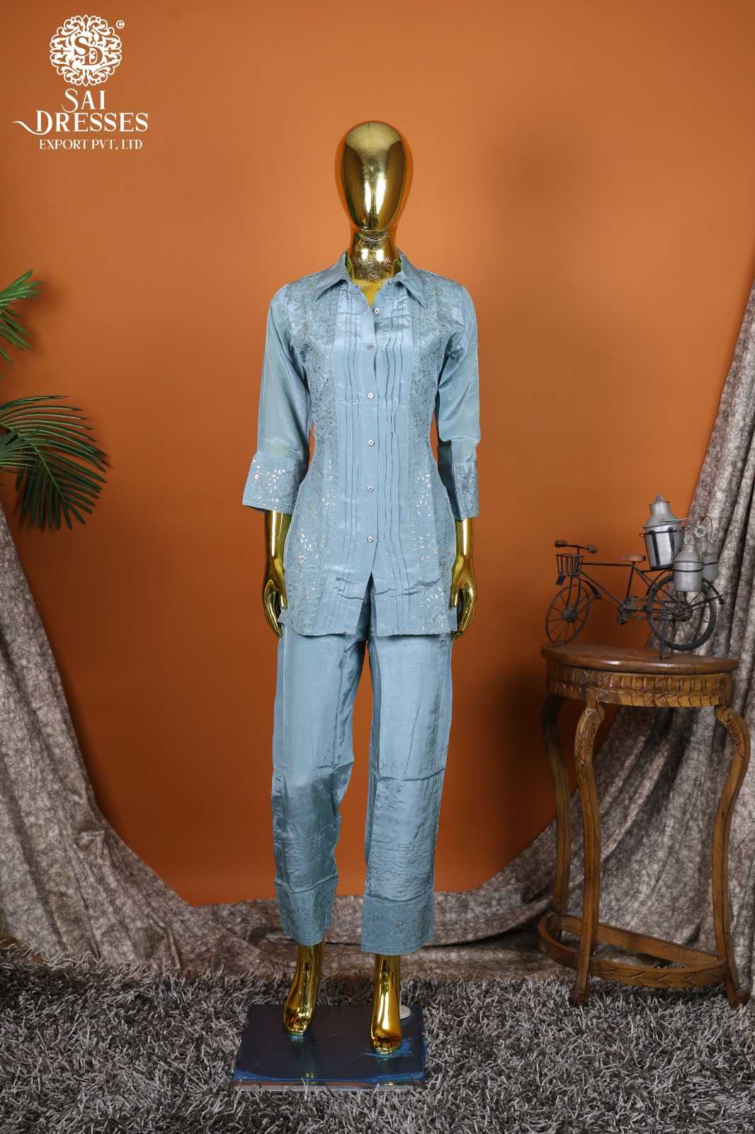 PREMIUM NATURAL CREPE SKY BLUE KURTI PANT SET WITH ELEGANT EMBROIDERY AND FINE SEQUENCE WORK
