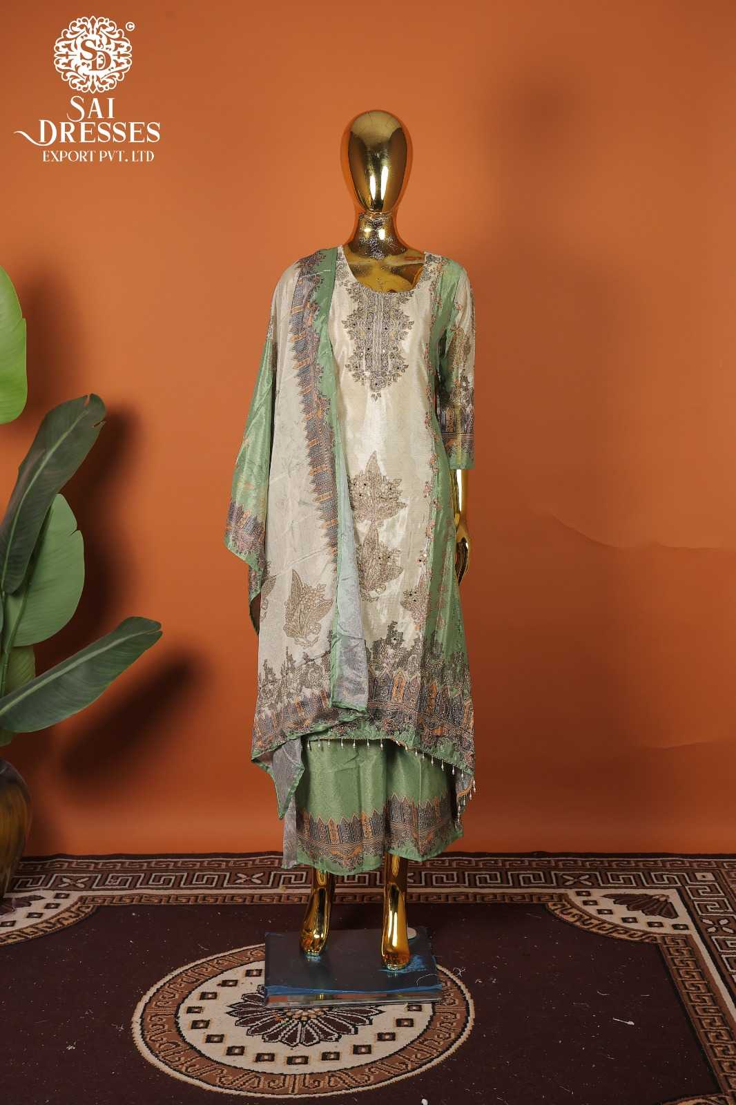 PREMIUM PURE CHINON CREAM WITH SAGE GREEN DESIGNER SET FEATURING RICH HAND CRAFTED WORK