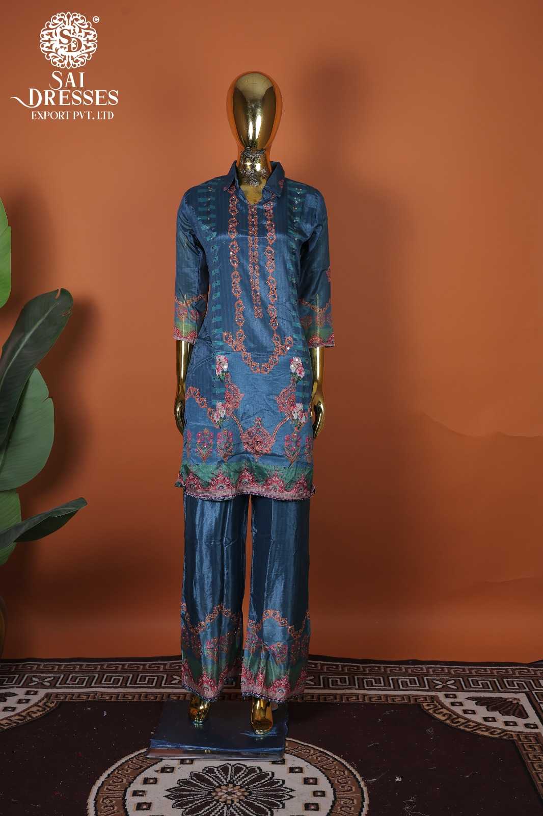 PREMIUM PURE CHINON DEEP TEAL BLUE DESIGNER KURTI SET WITH INTRICATE WORK DETAILS