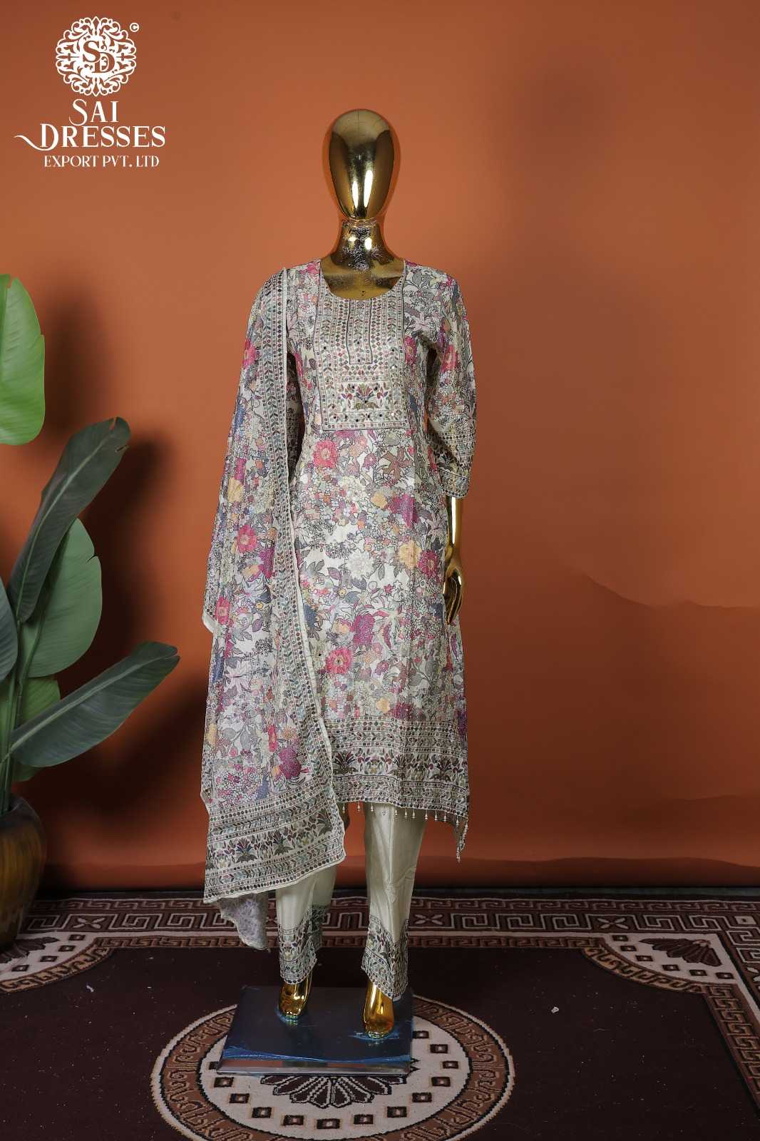 PREMIUM PURE CHINON OFF WHITE DESIGNER SET FEATURING RICH HAND CRAFTED FLORAL WORK