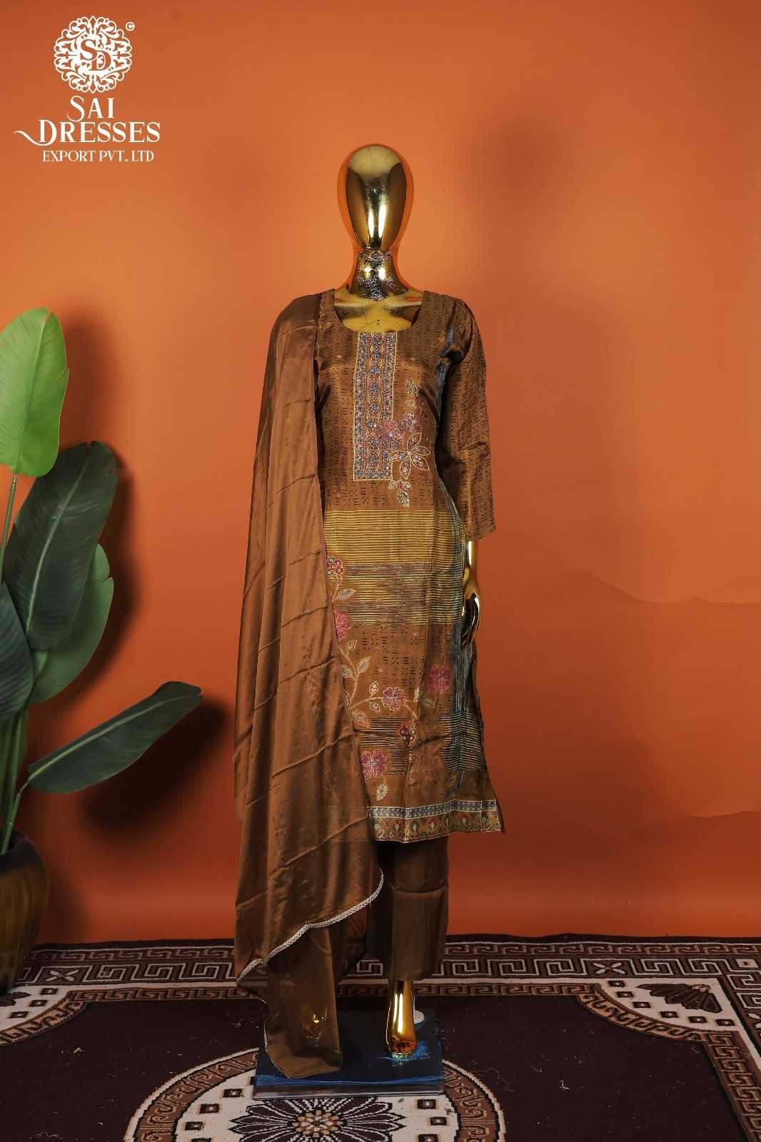 PREMIUM PURE DOLLA SILK JACQUARD KURTI WITH INTRICATE HAND WORK, MATCHING PANTS & DUPATTA – RICH CHOCOLATE BROWN COLOUR