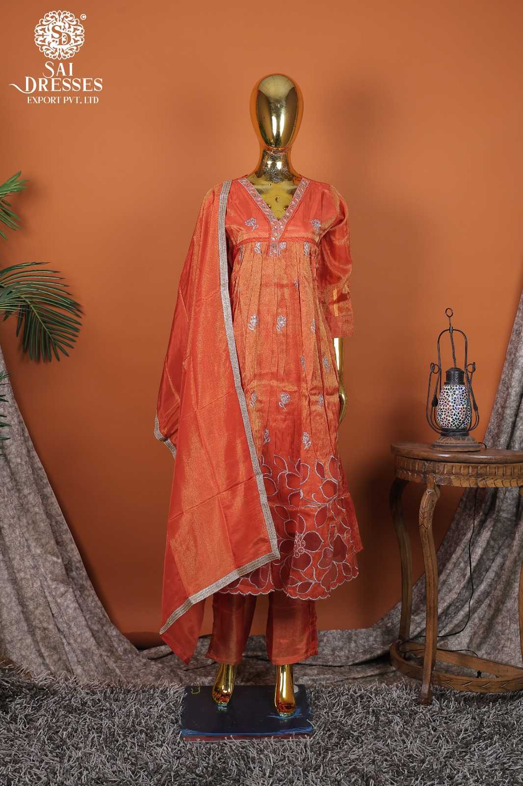 PREMIUM PURE SHIMMER COPPER ORANGE KURTI SET WITH HEAVY HANDWORK AND ELEGANT SEQUENCE EMBROIDERY WITH MATCHING DUPATTA