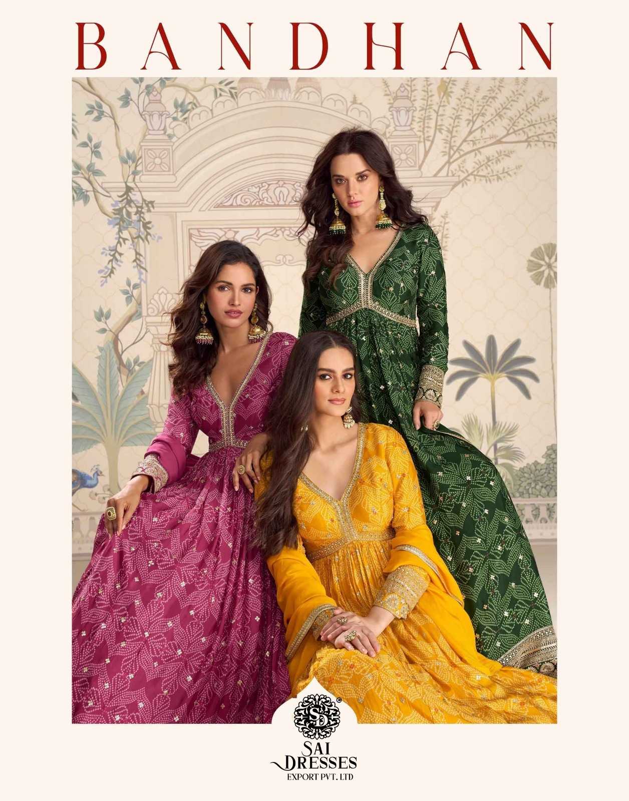 PREMIUM REAL CHINON SILK BANDHANI PRINT HEAVY HANDWORK ANARKALI SUIT SET