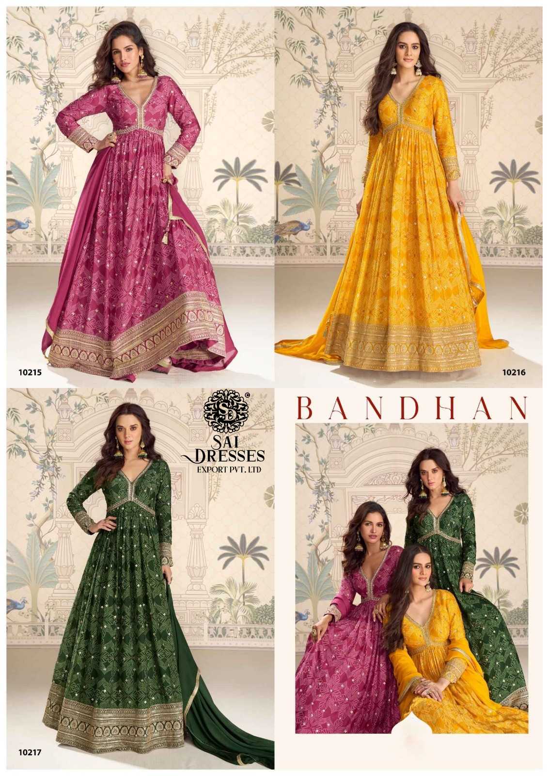 PREMIUM REAL CHINON SILK BANDHANI PRINT HEAVY HANDWORK ANARKALI SUIT SET