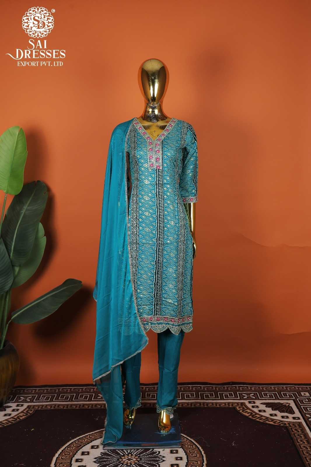 PREMIUM REYON FABRIC HEAVY WORK KURTI WITH MATCHING PANTS & DUPATTA – TURQUOISE BLUE COLOUR
