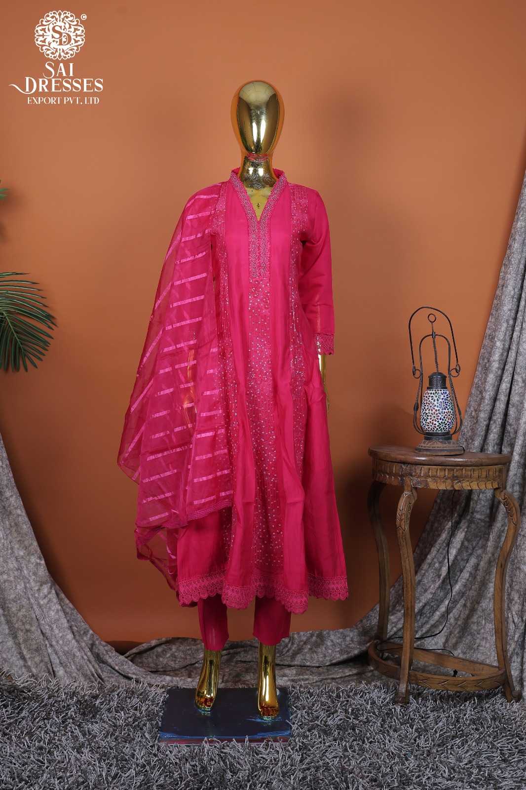 PREMIUM ROMAN SILK DEEP PINK KURTI SET WITH ELEGANT GPO LACES AND HEAVY EMBROIDERY WORK WITH MATCHING DUPATTA