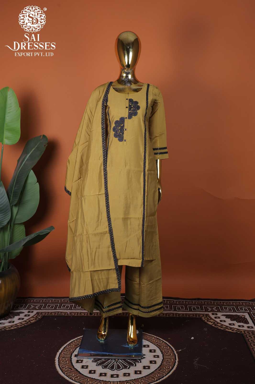PREMIUM ROMAN SILK MUSTARD KURTI SET WITH ELEGANT GPO LACES WORK AND CLASSIC FINISH