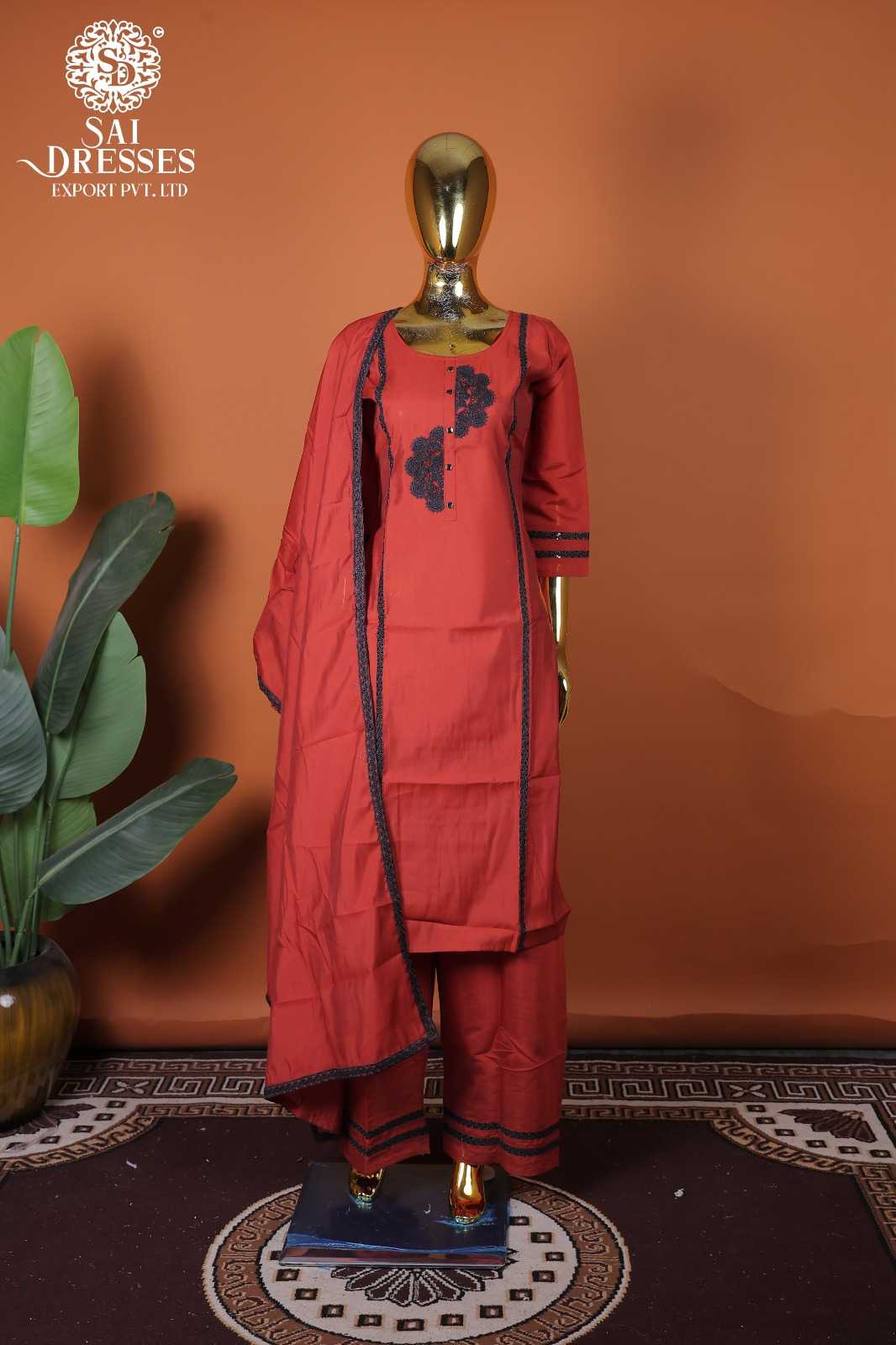 PREMIUM ROMAN SILK RUST RED KURTI SET WITH CONTRAST GPO LACES WORK AND DESIGNER LOOK  