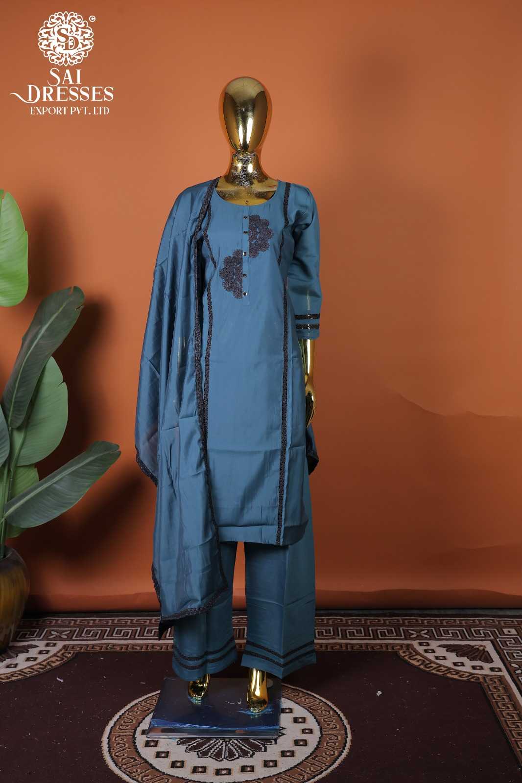 PREMIUM ROMAN SILK STEEL BLUE KURTI SET WITH DELICATE GPO LACES WORK AND MINIMAL ELEGANCE