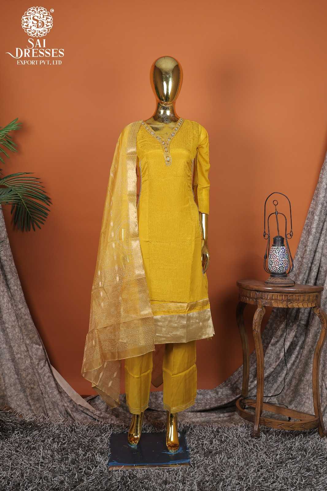 PREMIUM SHIMMER CRUSH MUSTARD YELLOW KURTI SET WITH ELEGANT HAND WORK AND LUXURY MATCHING DUPATTA