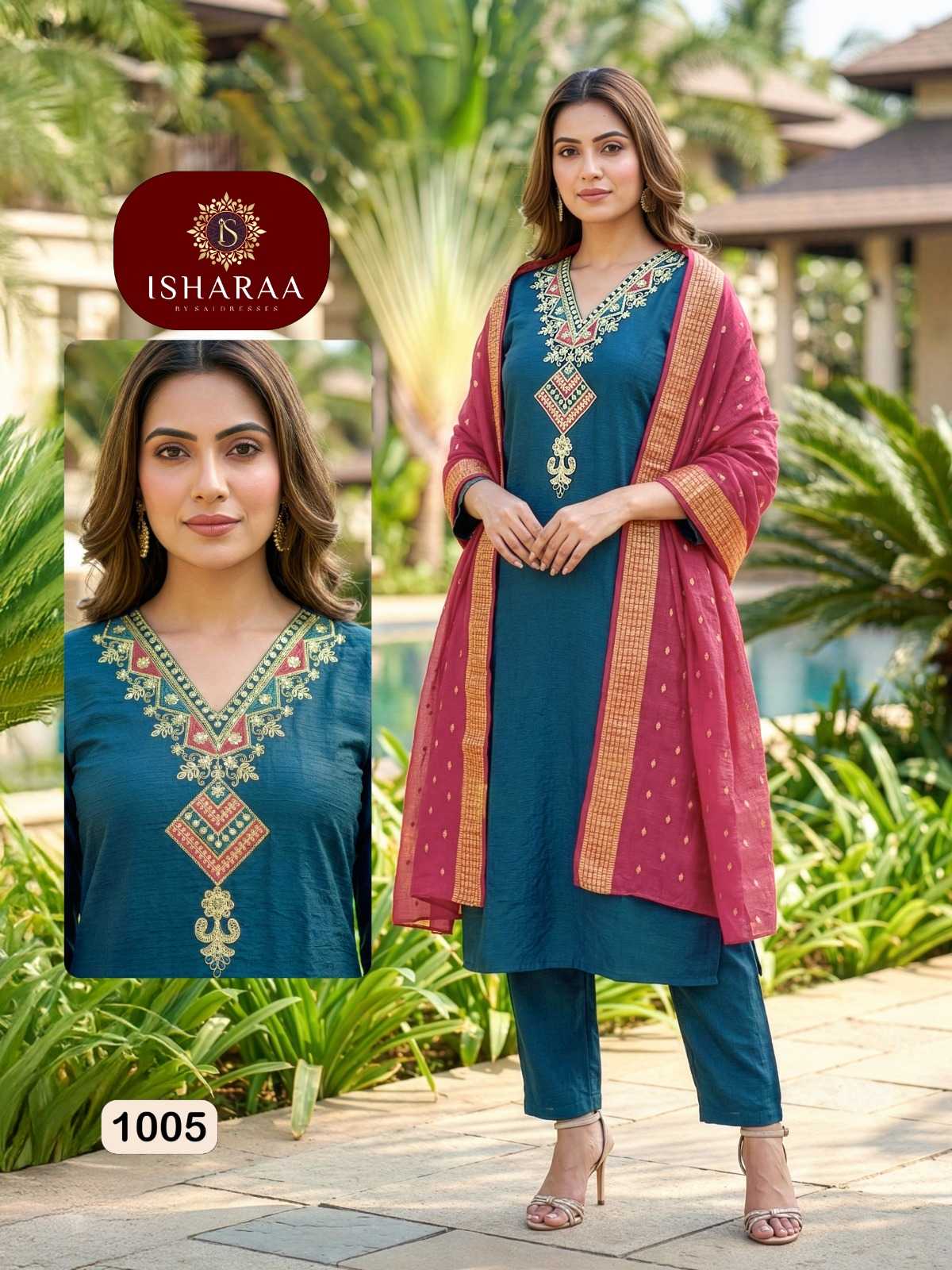 PREMIUM VARTICAN SILK SUIT WITH HEAVY EMBROIDERY & SEQUENCE WORK – TEAL KURTI WITH MAROON DUPATTA