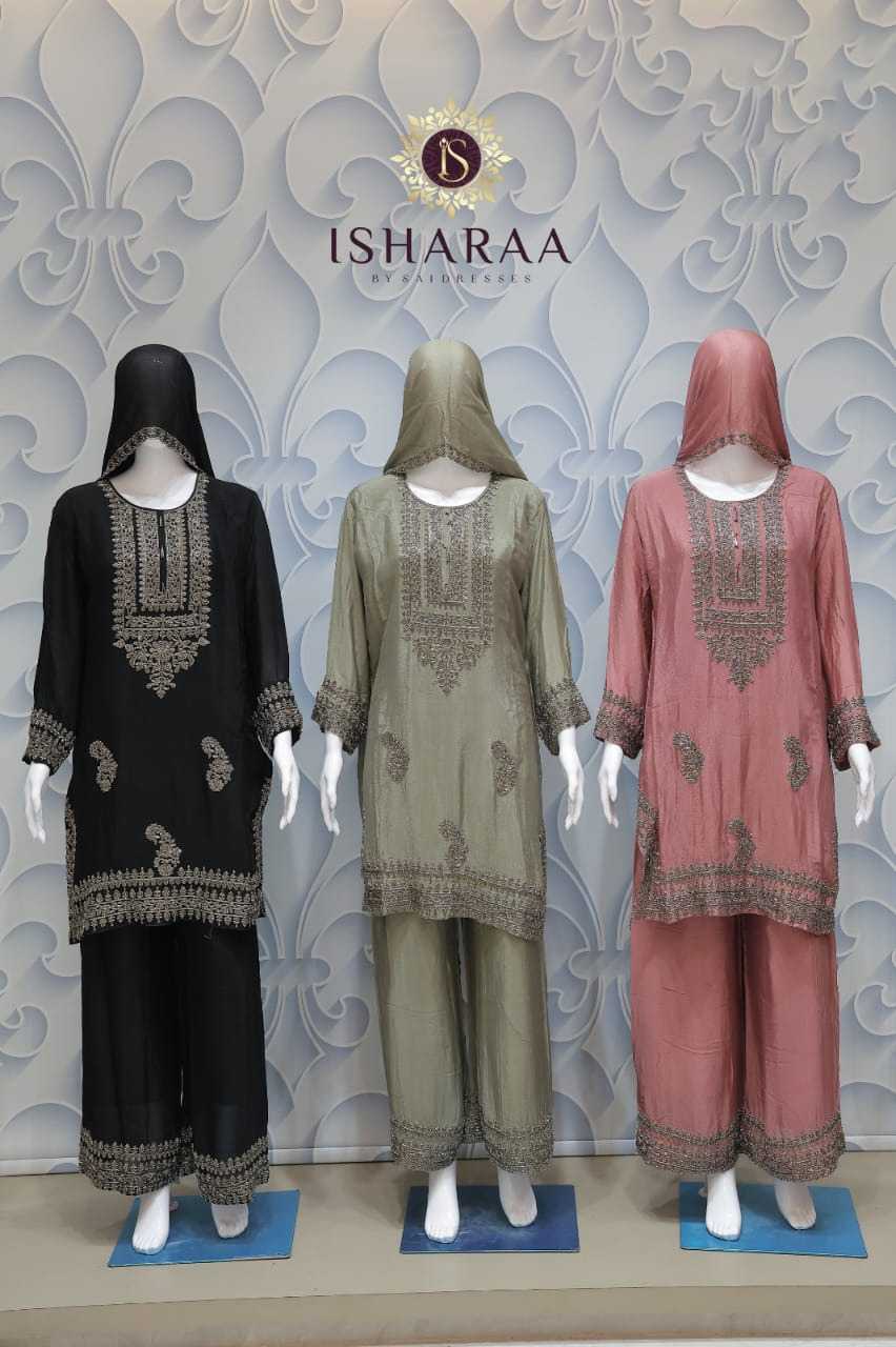 PURE CHINON ELEGANT HEAVY EMBROIDERED BLACK, SAGE GREEN & DUSTY ROSE STRAIGHT KURTI PANT SET WITH MATCHING DUPATTA