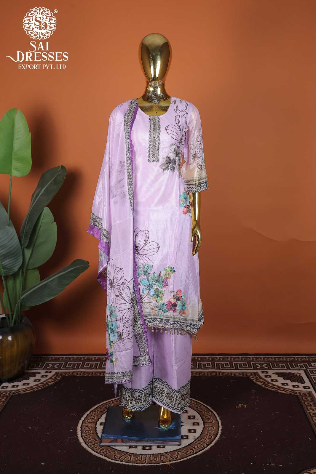 PURE CHINON HANDWORK PRINTED SALWAR SUIT SET IN LAVENDER 