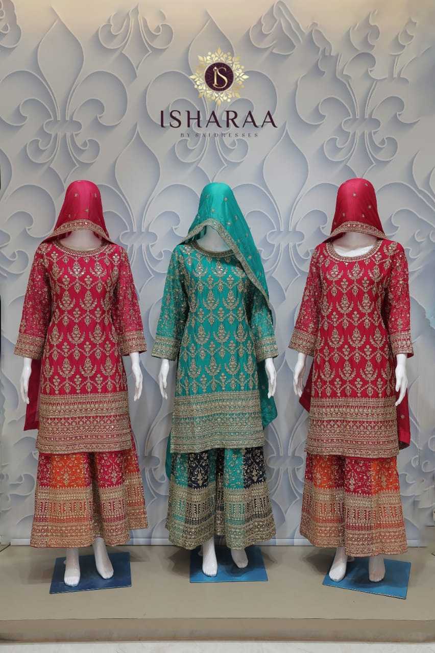 PURE CHINON HEAVY ALL-OVER EMBROIDERED RUBY RED, SEA GREEN & CRIMSON RED KURTI SHARARA SET WITH TRADITIONAL FESTIVE LOOK