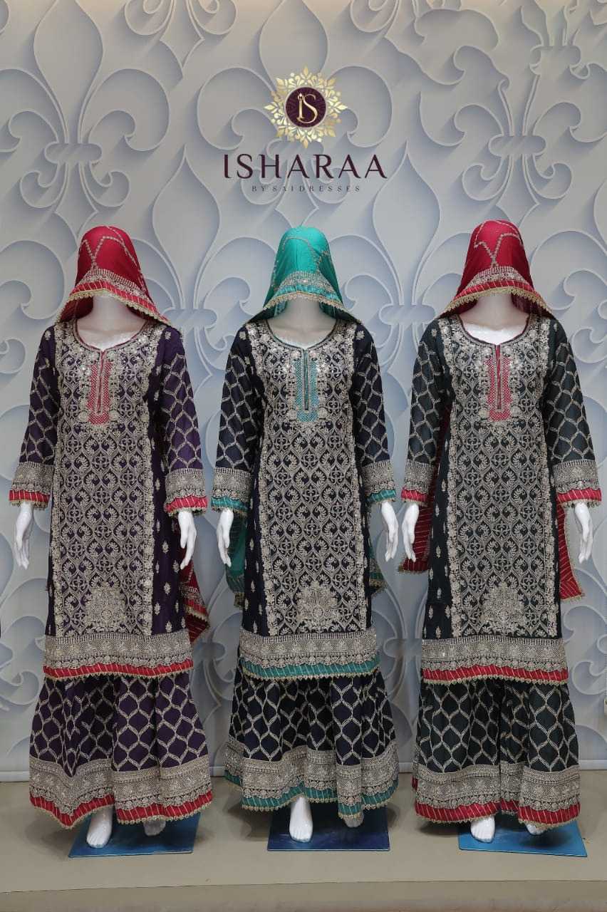 PURE CHINON HEAVY EMBROIDERED WINE PURPLE, NAVY BLUE & BOTTLE GREEN KURTI SHARARA SET WITH CONTRAST DUPATTA