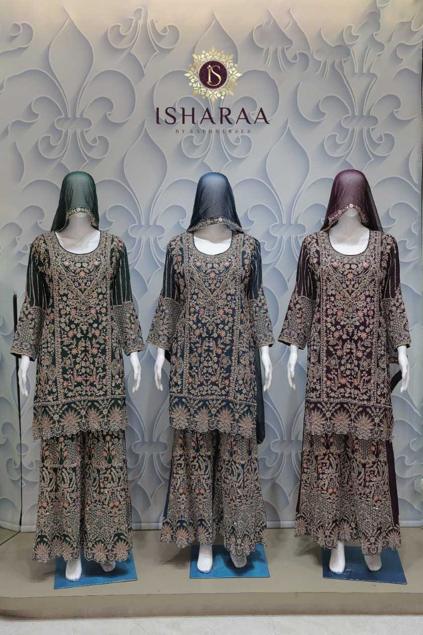 PURE CHINON HEAVY FLORAL EMBROIDERED BOTTLE GREEN, NAVY BLUE & WINE KURTI SHARARA SET WITH RICH HANDWORK FINISH