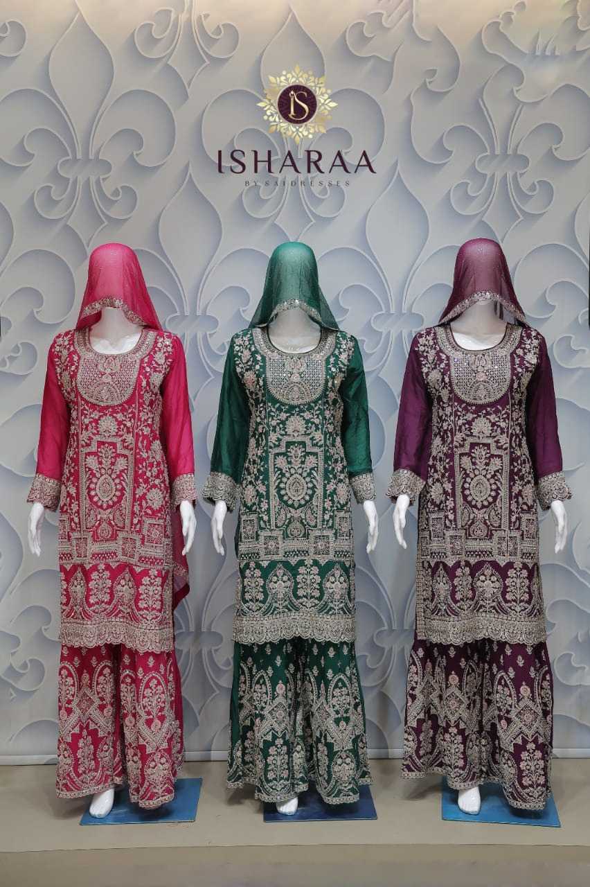 PURE CHINON HEAVY RICH EMBROIDERED RANI PINK, EMERALD GREEN & WINE PURPLE KURTI SHARARA SET WITH MATCHING DUPATTA